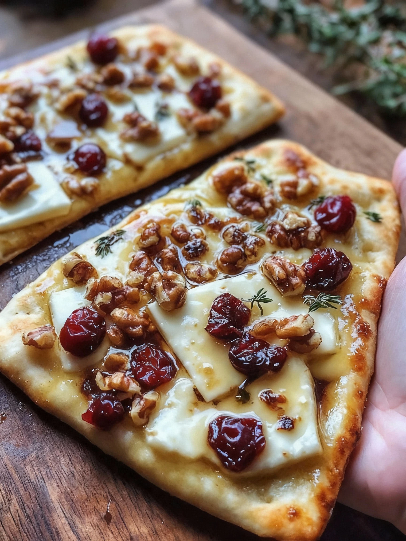 Crispy Flatbread with Brie, Cranberries & Toasted Walnuts with a Maple Syrup Drizzle finished