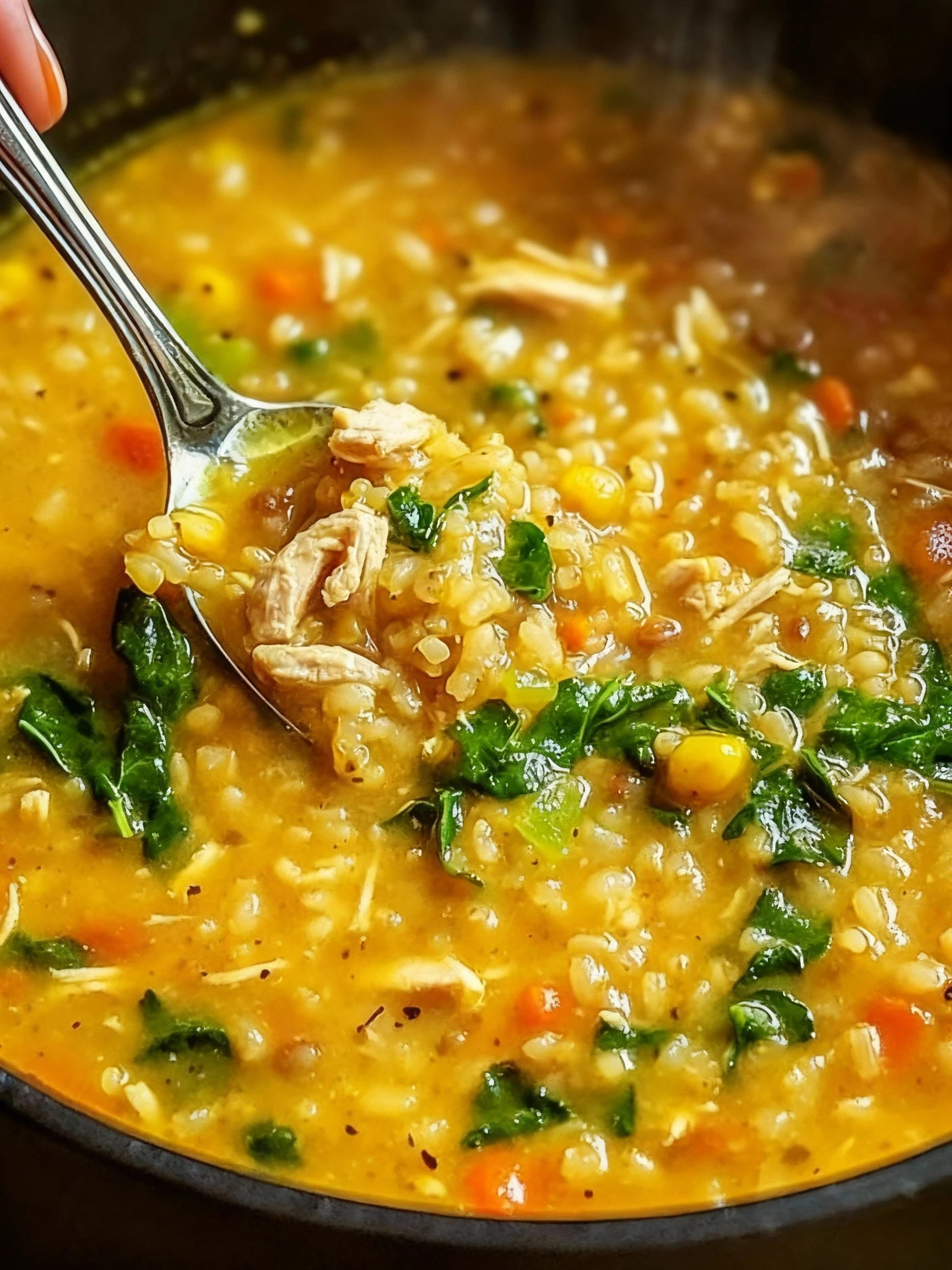 Curried Chicken Lentil and Rice Soup with Spinach finished