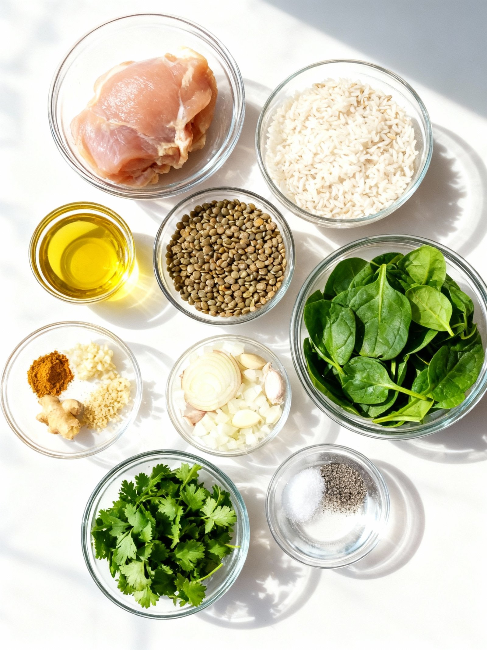 Curried Chicken Lentil and Rice Soup with Spinach ingredients