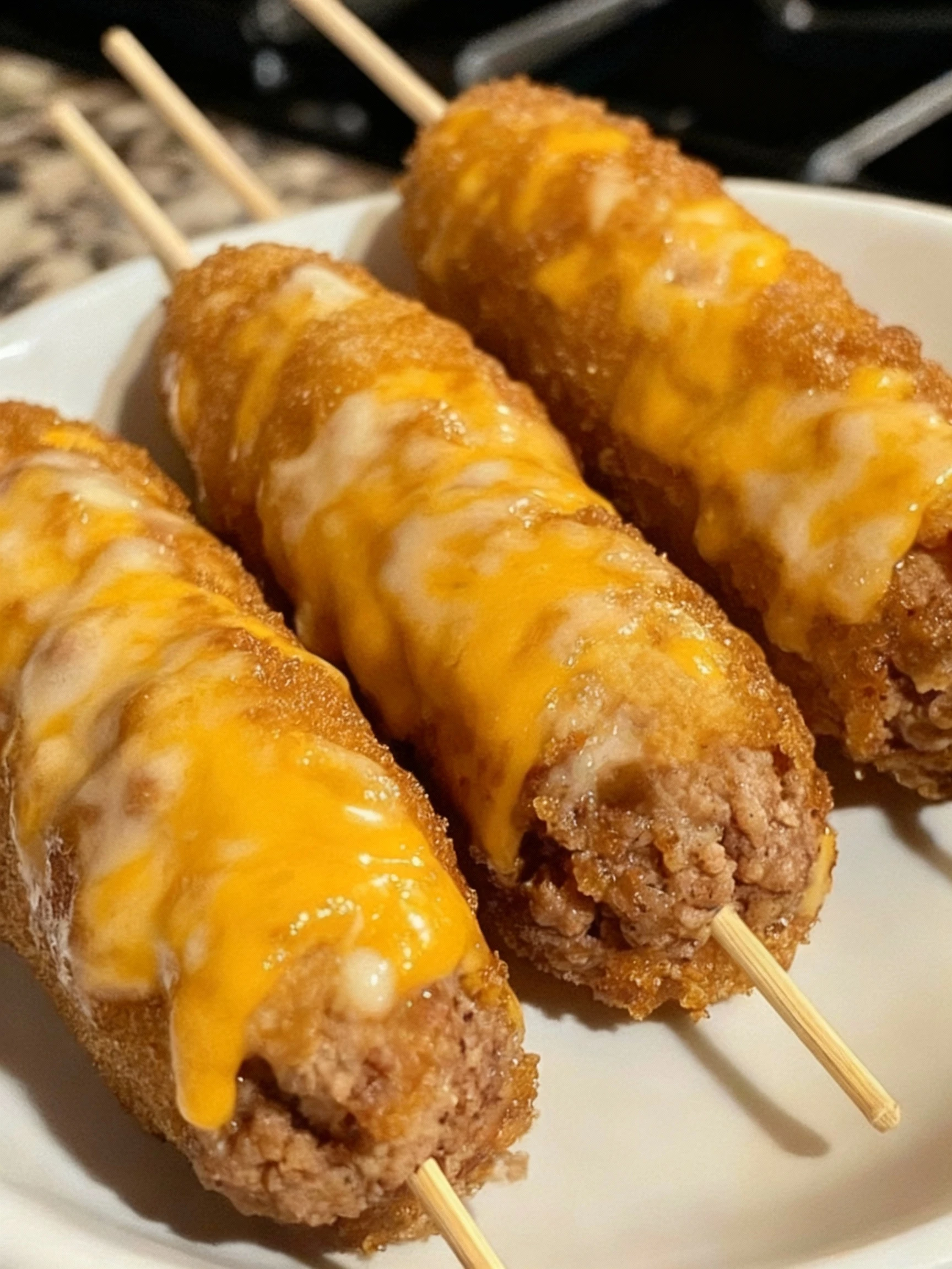 Deep-Fried Turkey Bacon Cheeseburger Corn Dogs finished