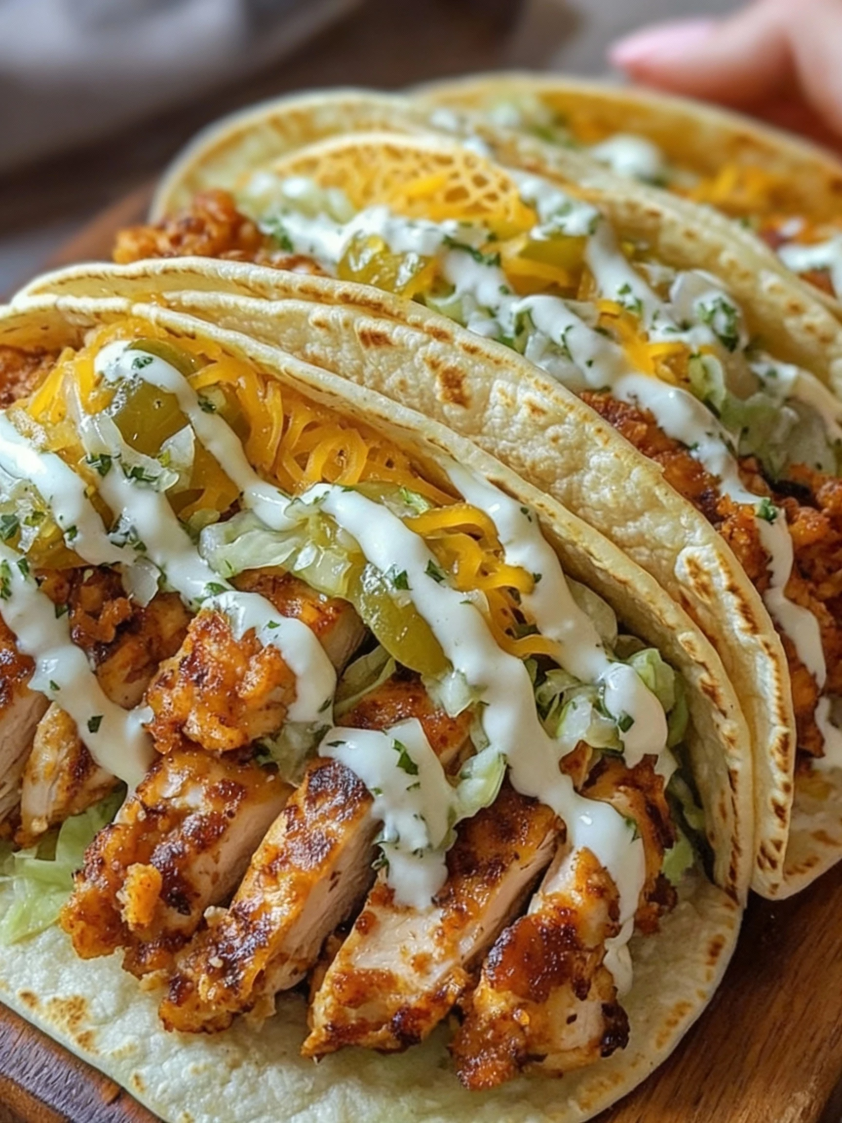 Dill Pickle Ranch Smash Chicken Tacos with Crispy Cheese Lace finished