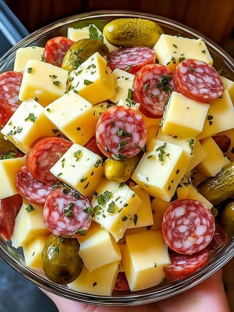 Easy Marinated Cheese Appetizer with Salami and Pickles