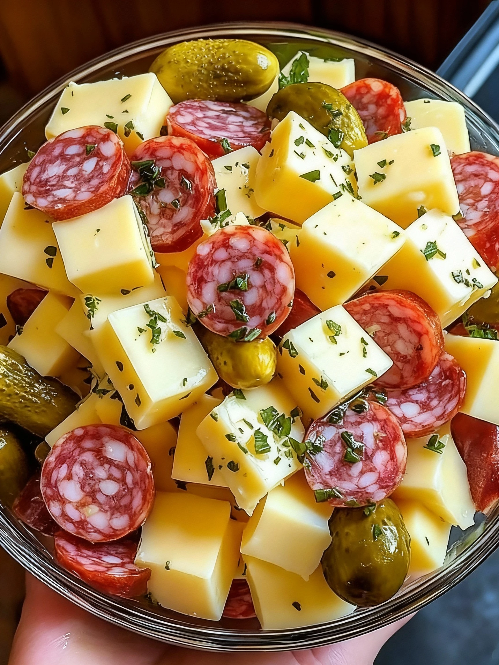 Easy Marinated Cheese Appetizer with Salami and Pickles finished