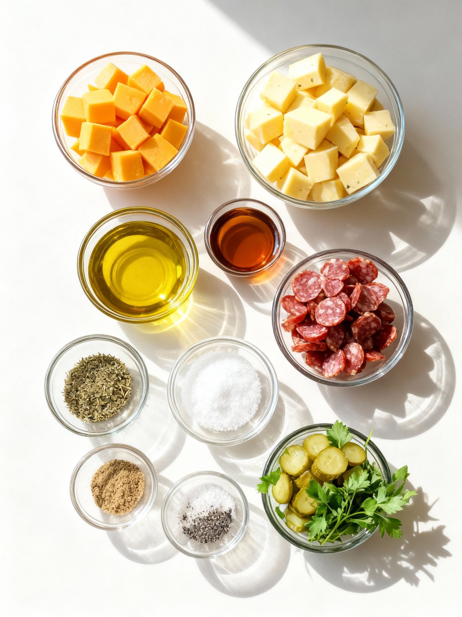 Easy Marinated Cheese Appetizer with Salami and Pickles ingredients