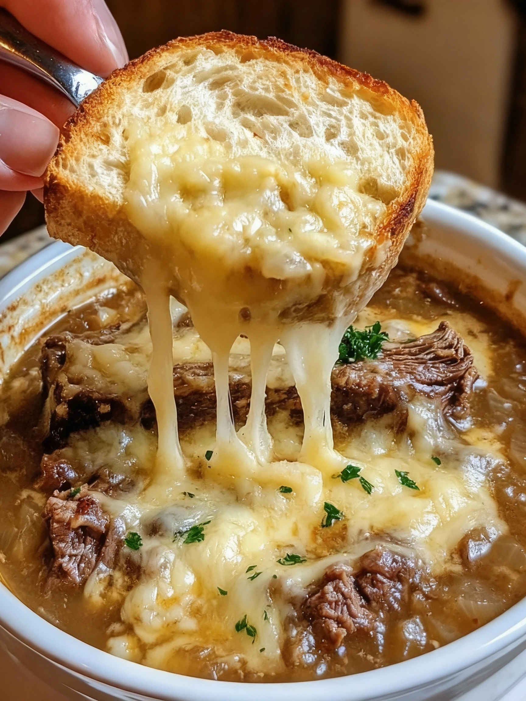 French Onion Beef Short Rib Soup finished