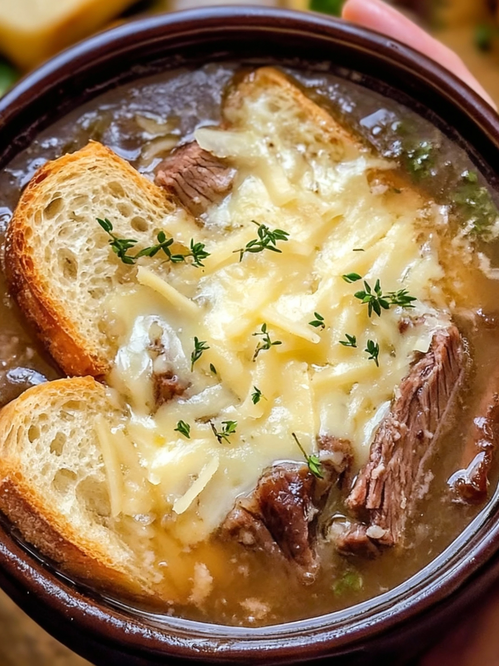 French Onion Short Rib Soup with Cheesy Gruyère Toast finished