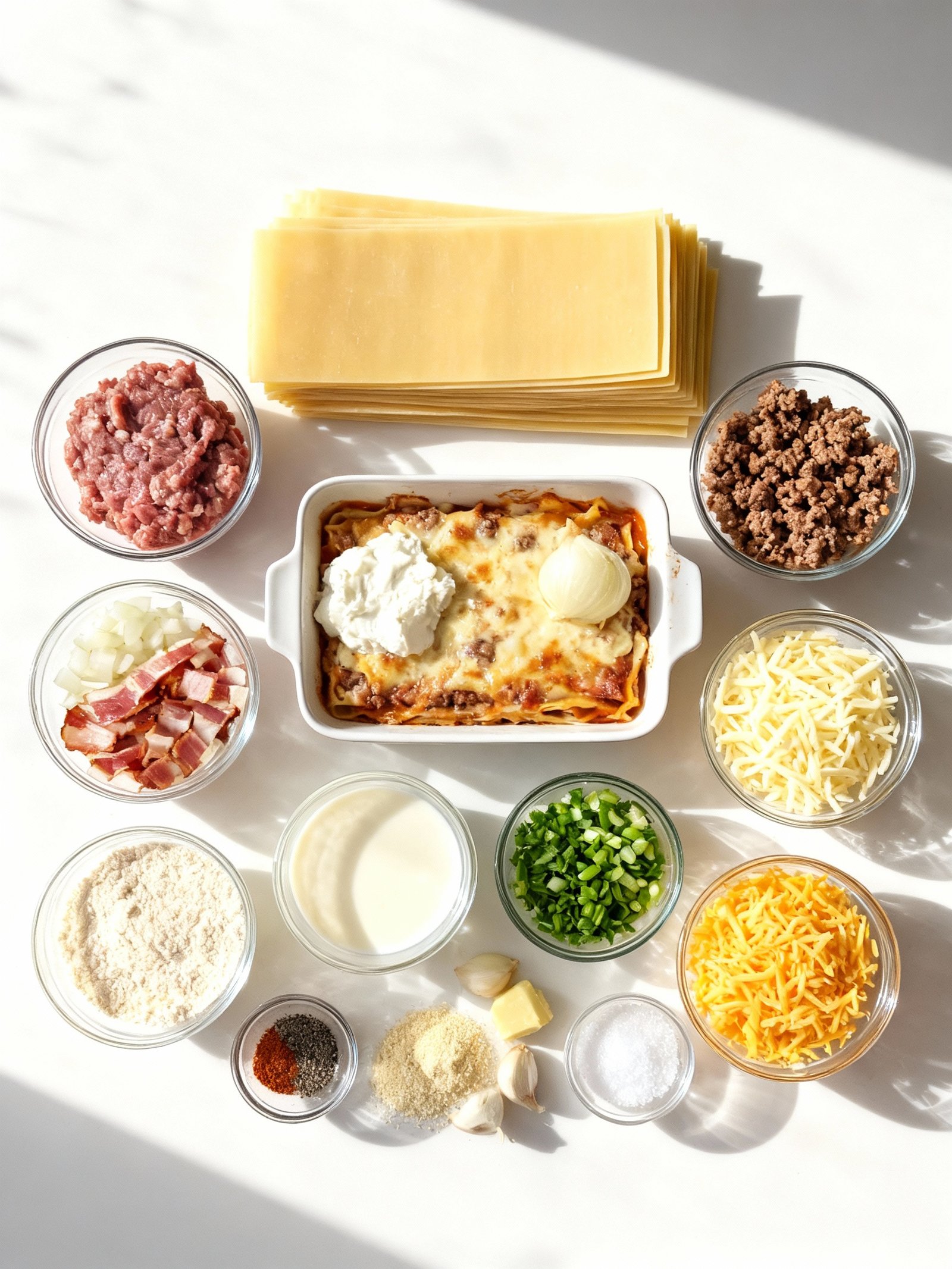 Garlic Bacon Cheeseburger Lasagna ingredients