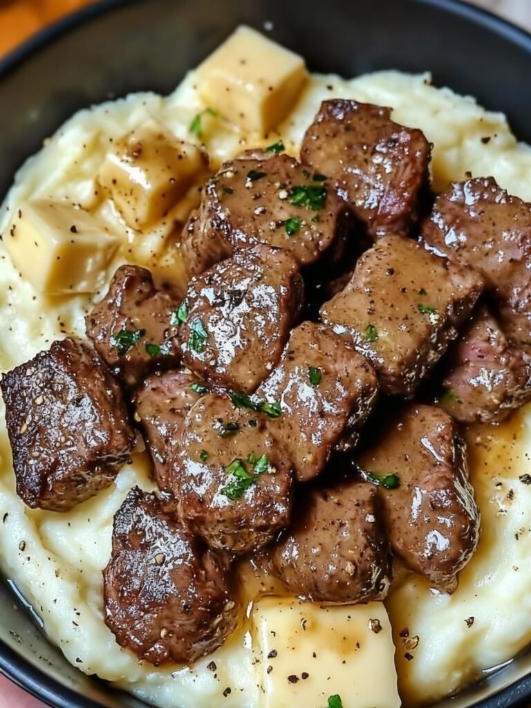 Garlic Butter Beef Bites With Creamy Mashed Potatoes