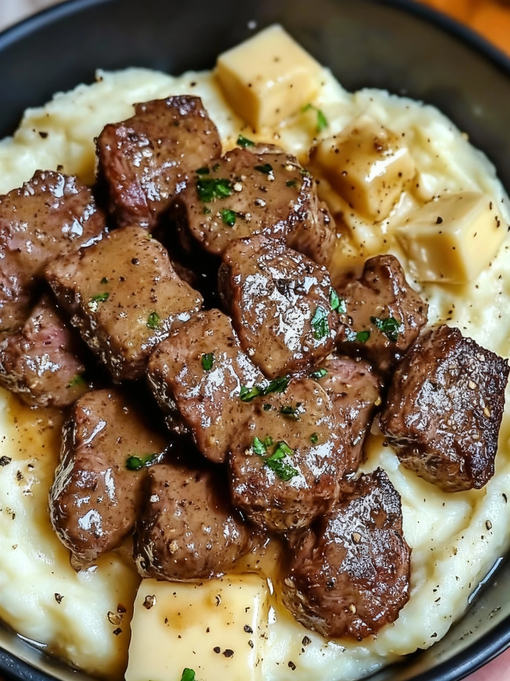 Garlic Butter Beef Bites with Creamy Mashed Potatoes finished