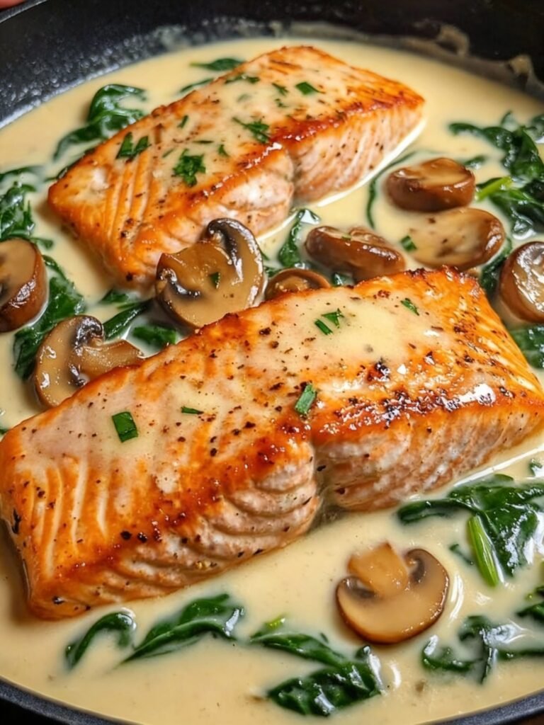 Garlic Butter Salmon with Spinach & Mushrooms Recipe