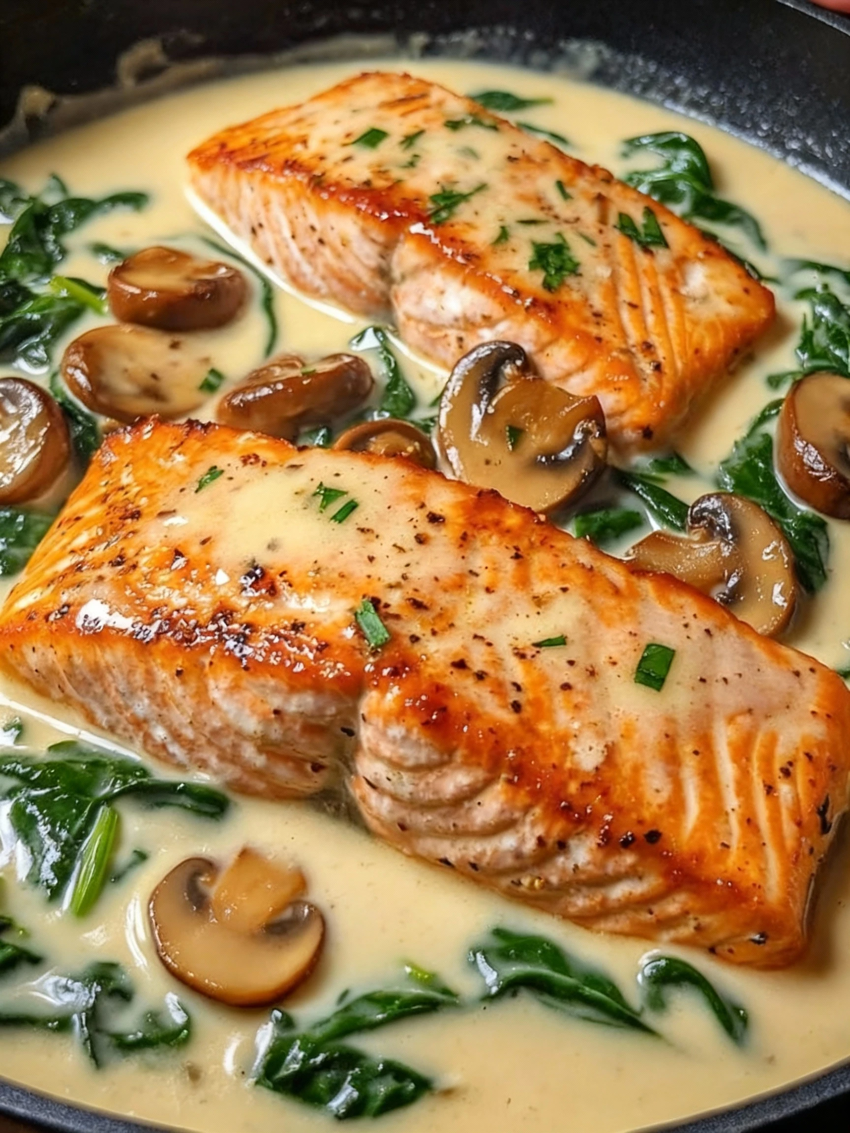 Garlic Butter Salmon with Spinach & Mushrooms in Creamy Sauce finished