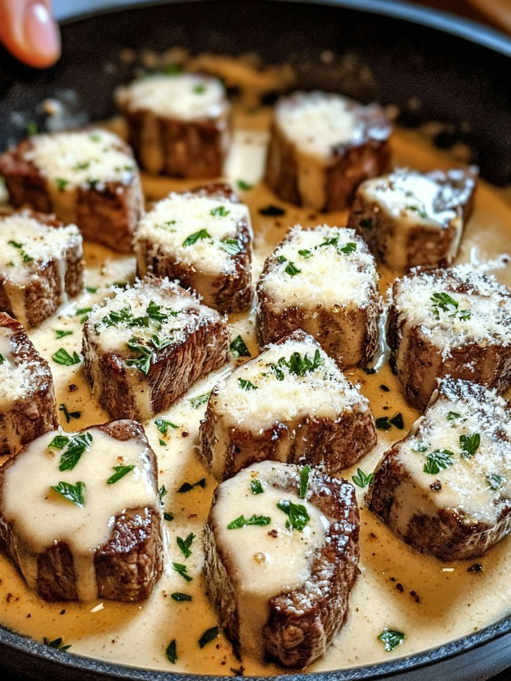 Garlic Butter Steak Bites with Parmesan Cream Sauce finished