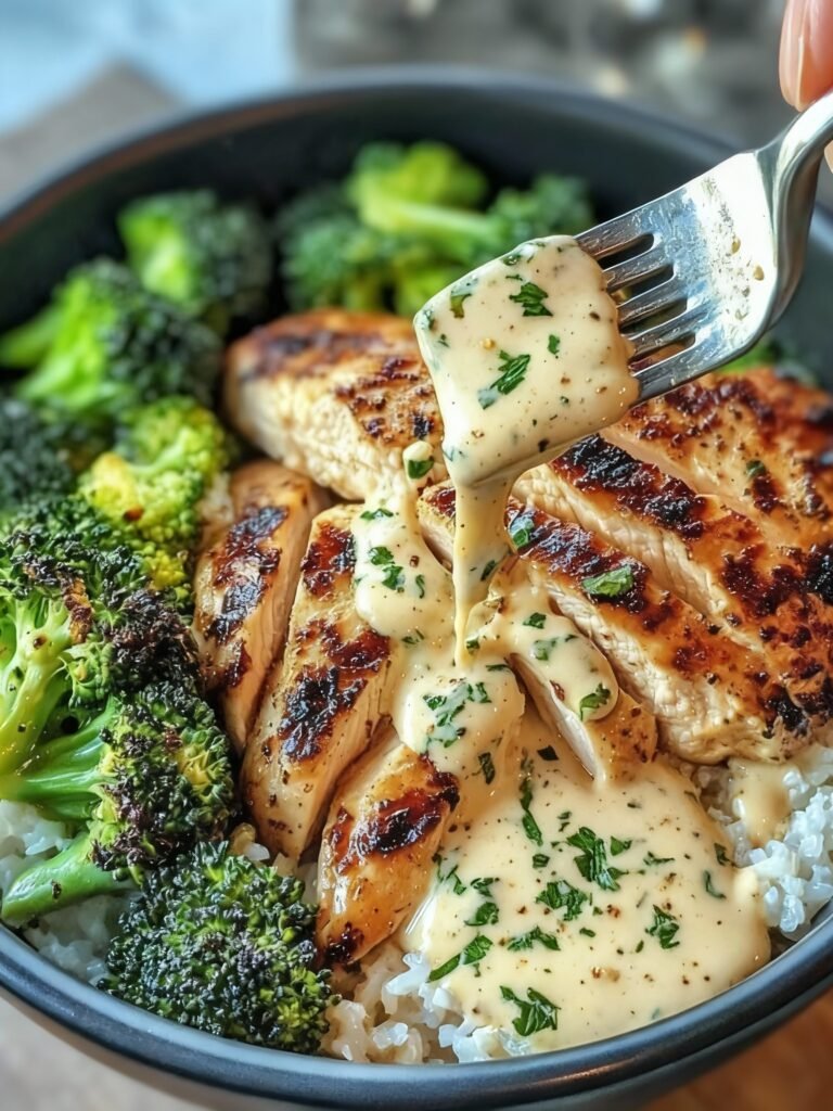 Grilled Chicken & Broccoli Bowls with Creamy Garlic Sauce
