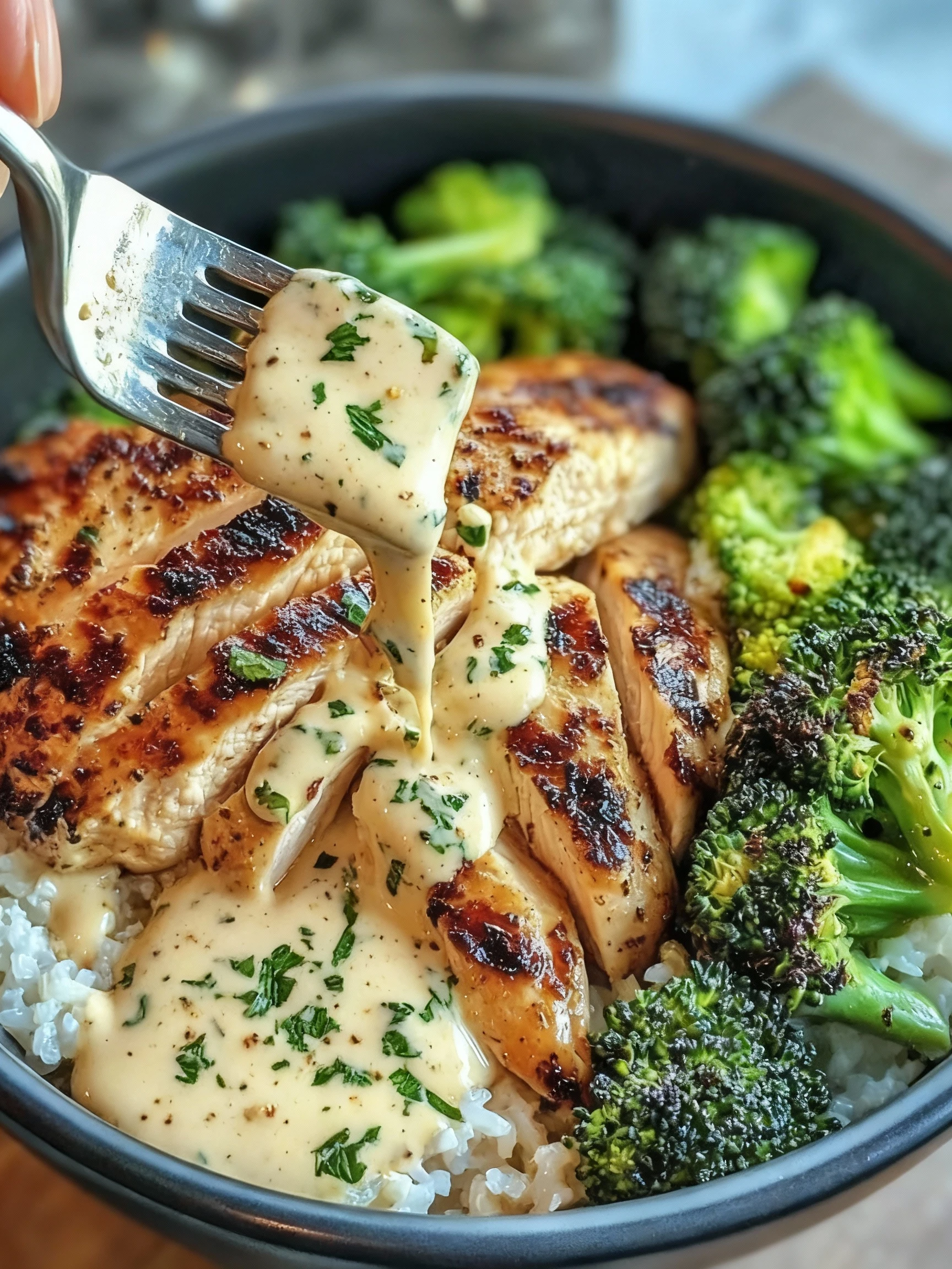 Grilled Chicken & Broccoli Bowls with Creamy Garlic Sauce finished