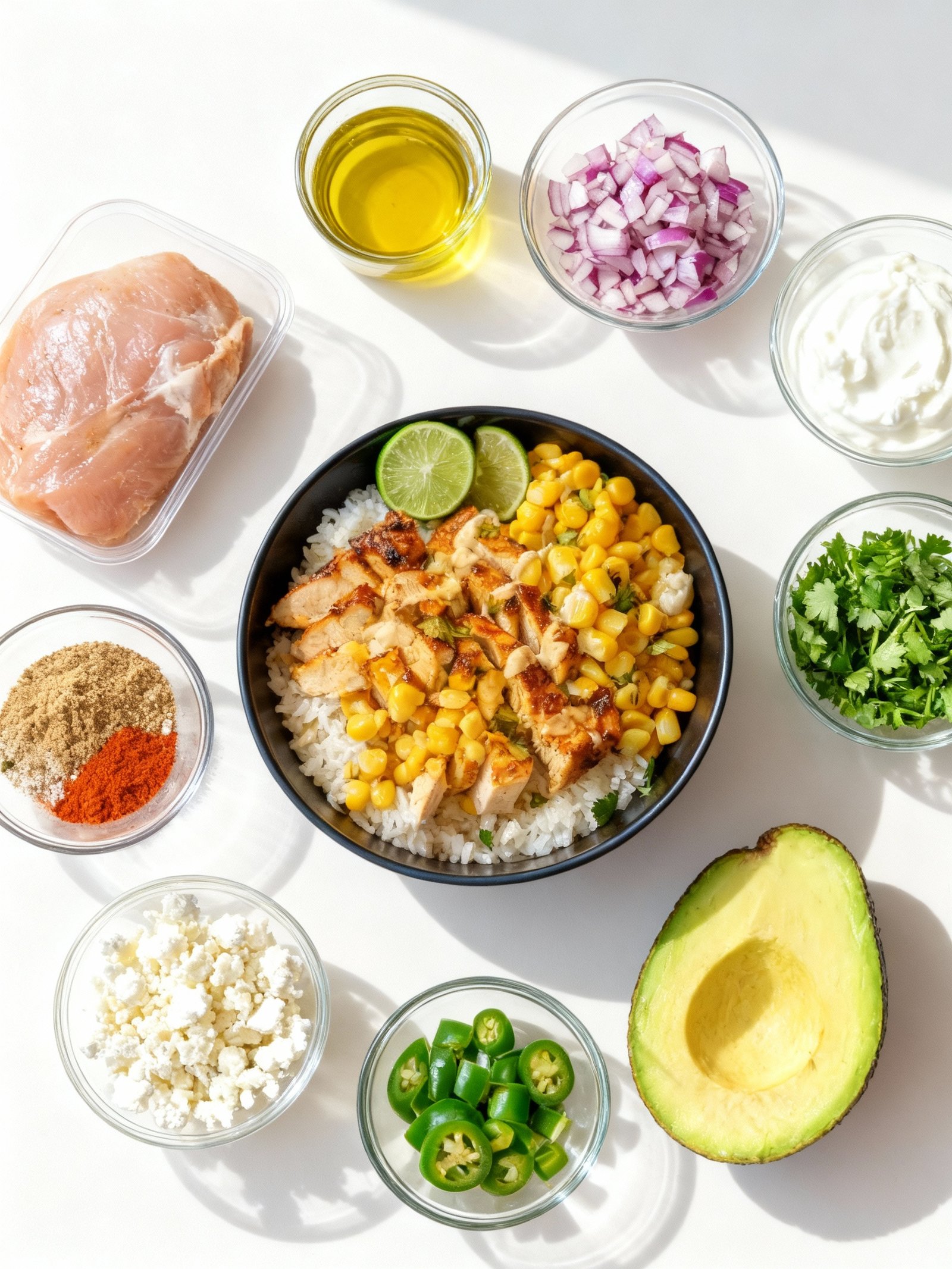 Healthy and Delicious Street Corn Chicken Rice Bowl ingredients
