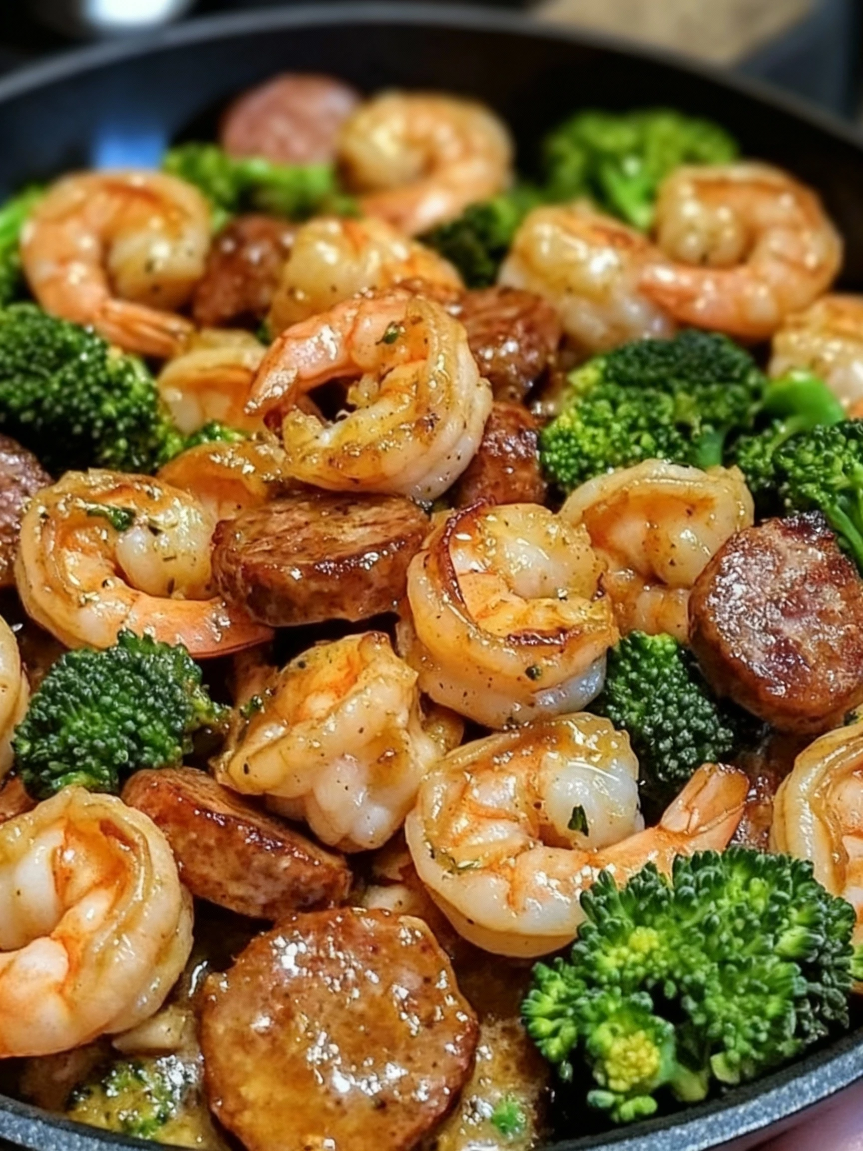 Honey Garlic Shrimp, Sausage, and Broccoli finished