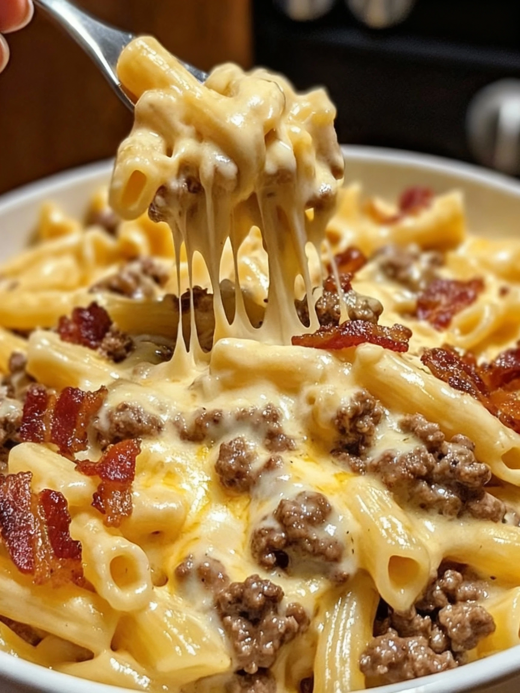 Loaded Bacon Cheeseburger Alfredo Pasta finished