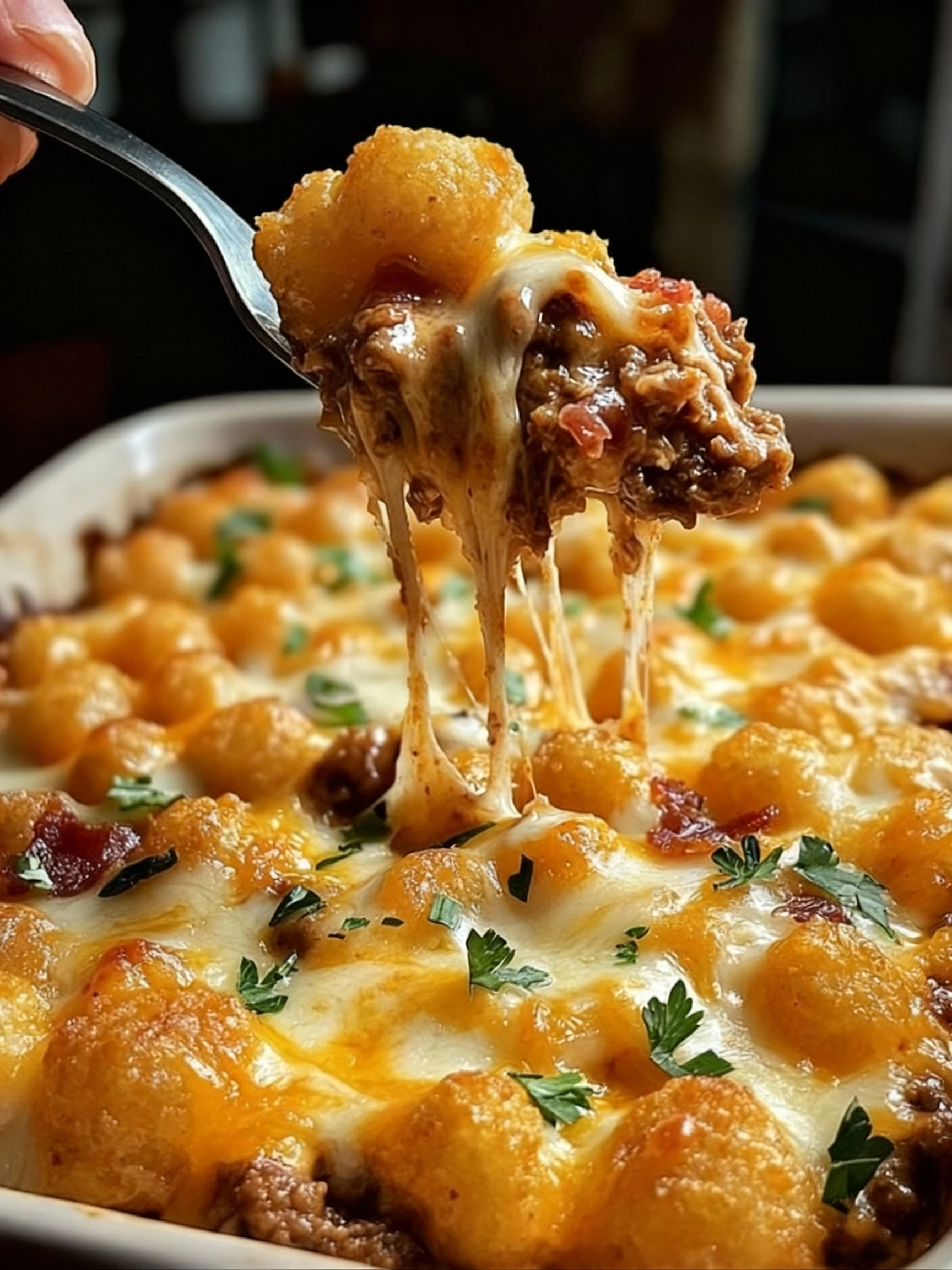 Loaded BBQ Bacon Ranch Tater Tot Casserole finished