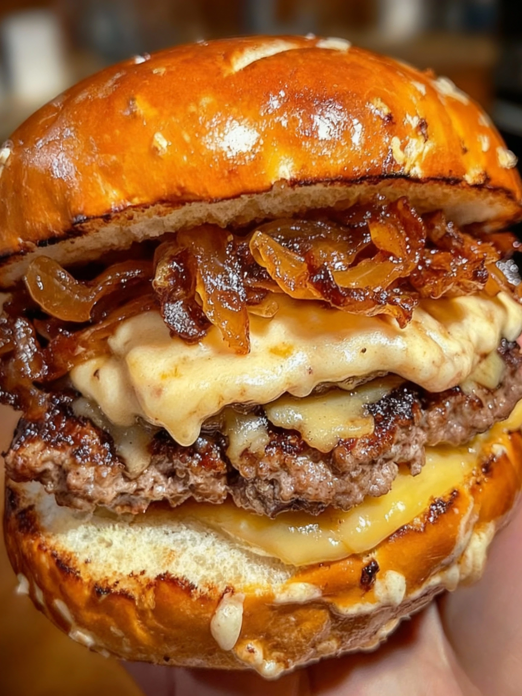 Oktoberfest Pretzel Bun Beer Cheese Burger finished