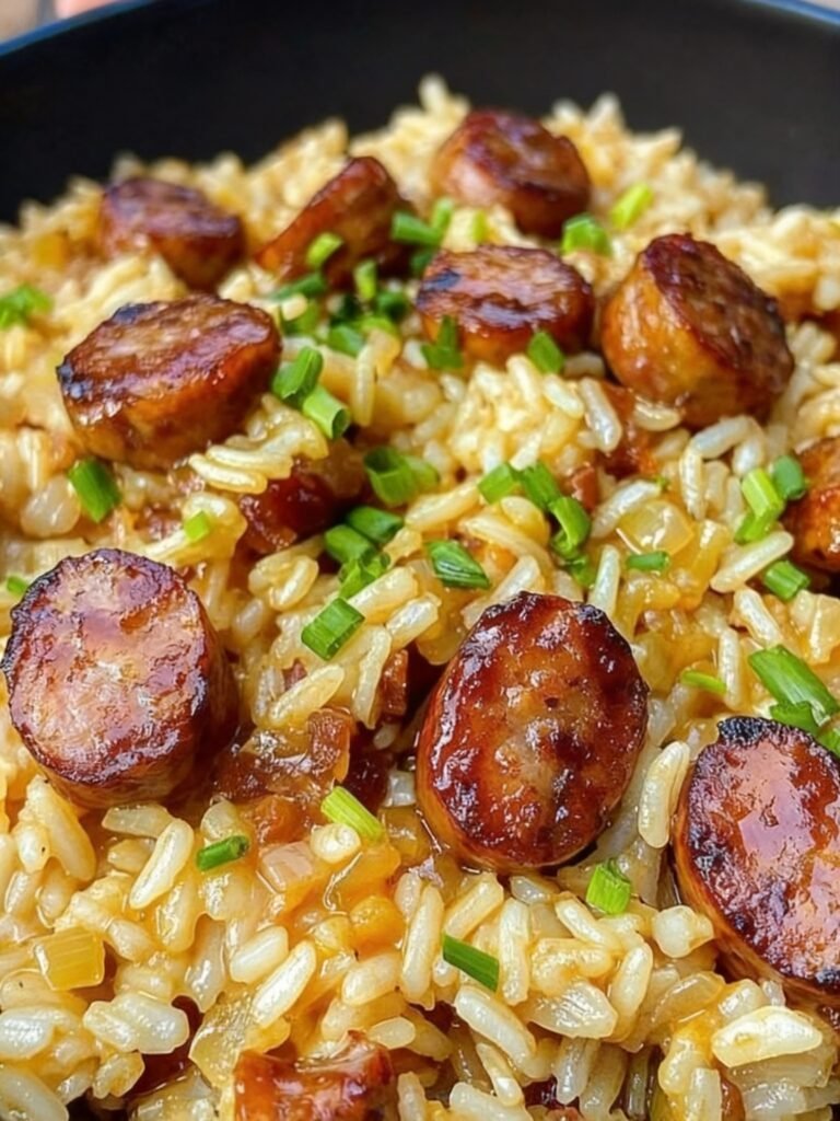 One Pan Sweet and Tangy Barbecue Sausage Rice Recipe