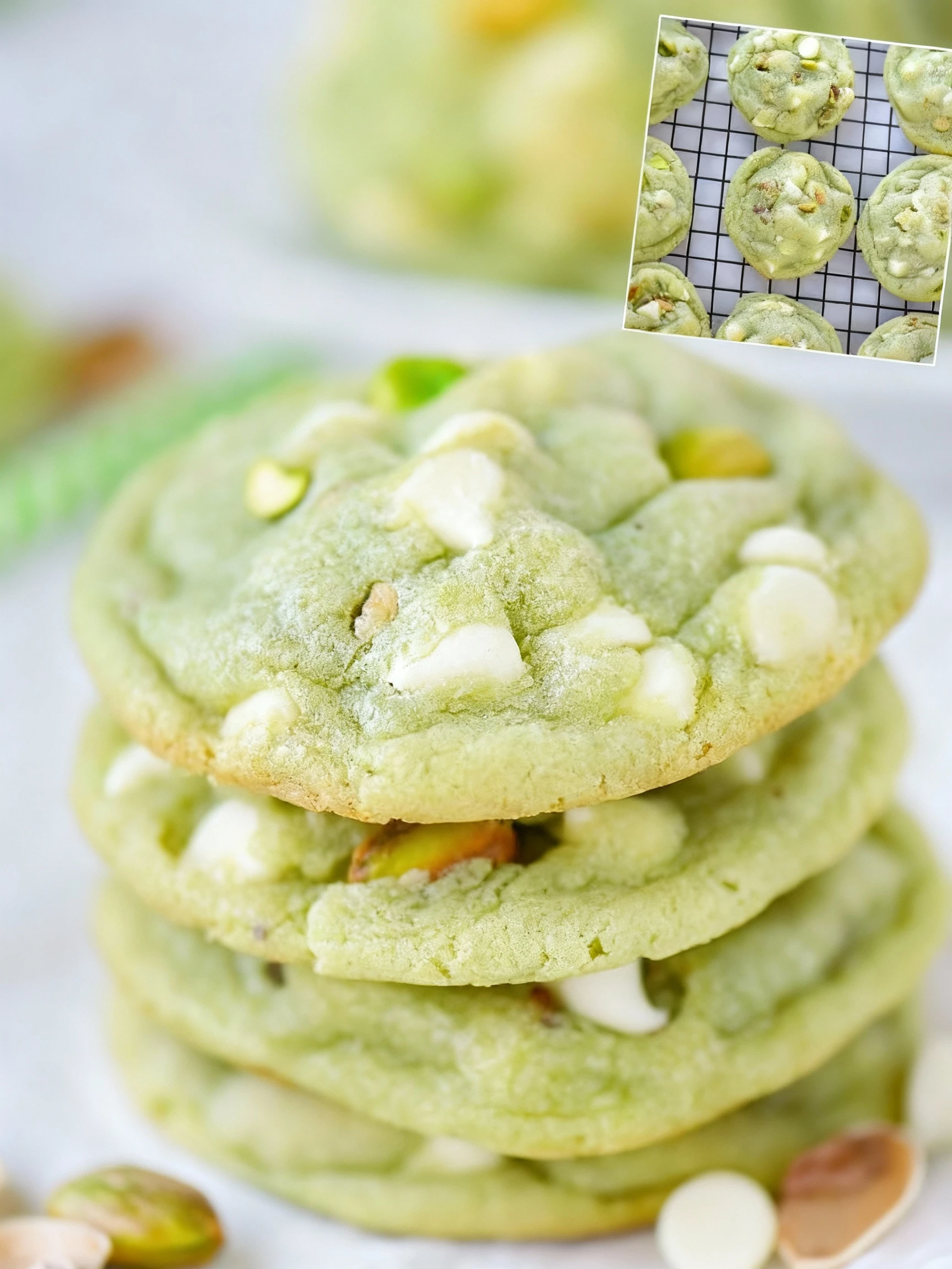 These soft and chewy Pistachio Pudding Cookies feature a delectable blend of nutty pistachios and decadent white chocolate finished