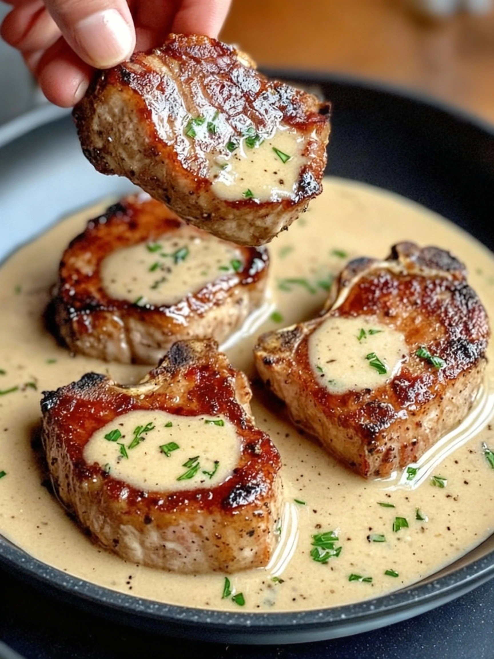 Savory Maple Bacon Pork Chops with Dijon Mustard Cream Sauce finished