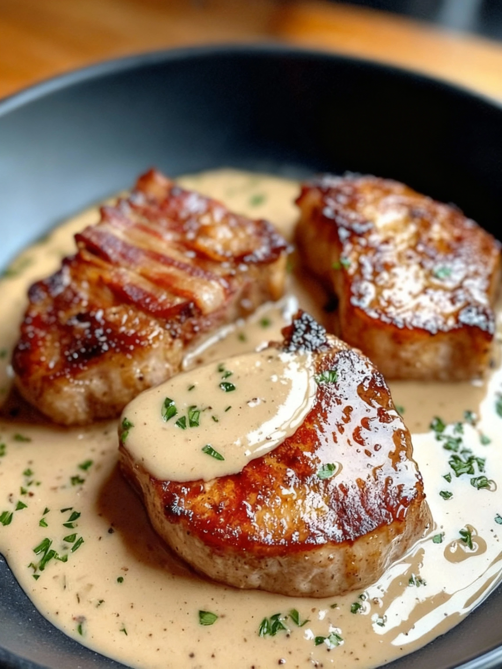 Savory Maple Bacon Pork Chops with Dijon Mustard Cream Sauce finished