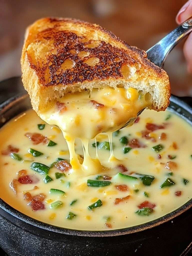 Spicy Jalapeño Popper Soup with Grilled Cheese Dippers
