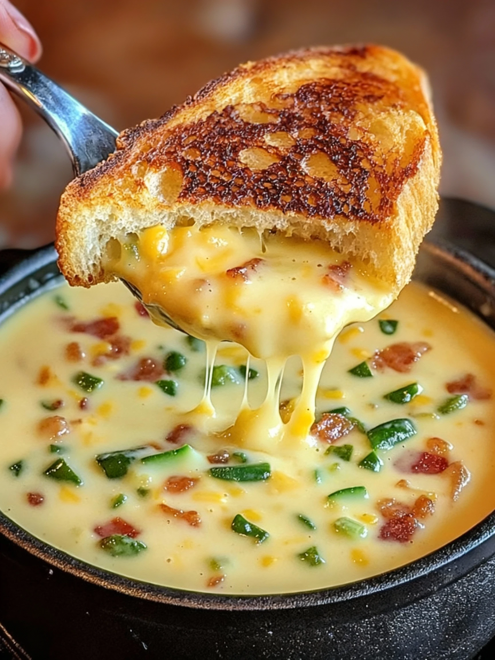Spicy Jalapeño Popper Soup with Grilled Cheese Dippers finished