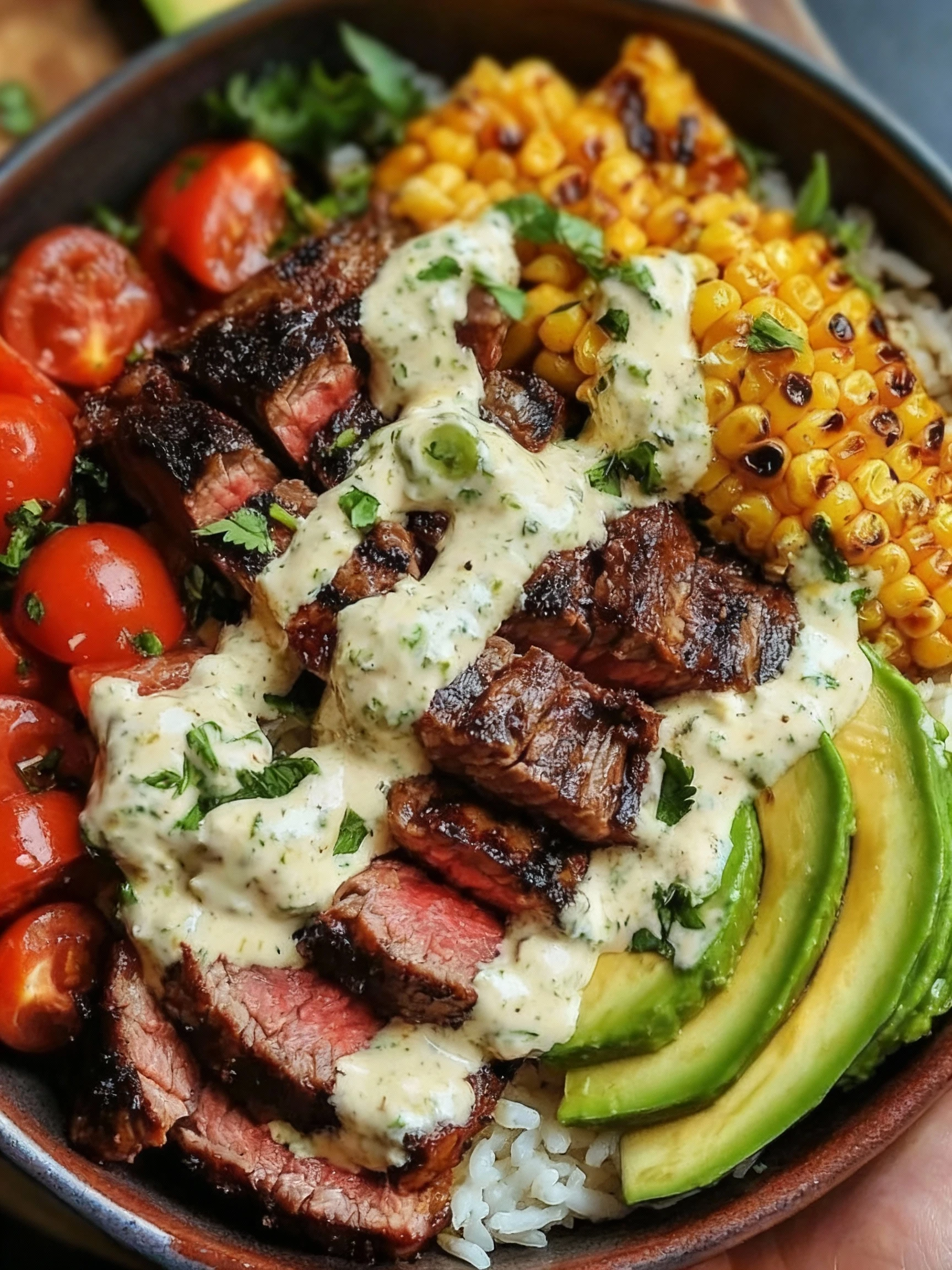 Steak, Avocado, and Roasted Corn Bowl with Cilantro Cream Sauce finished