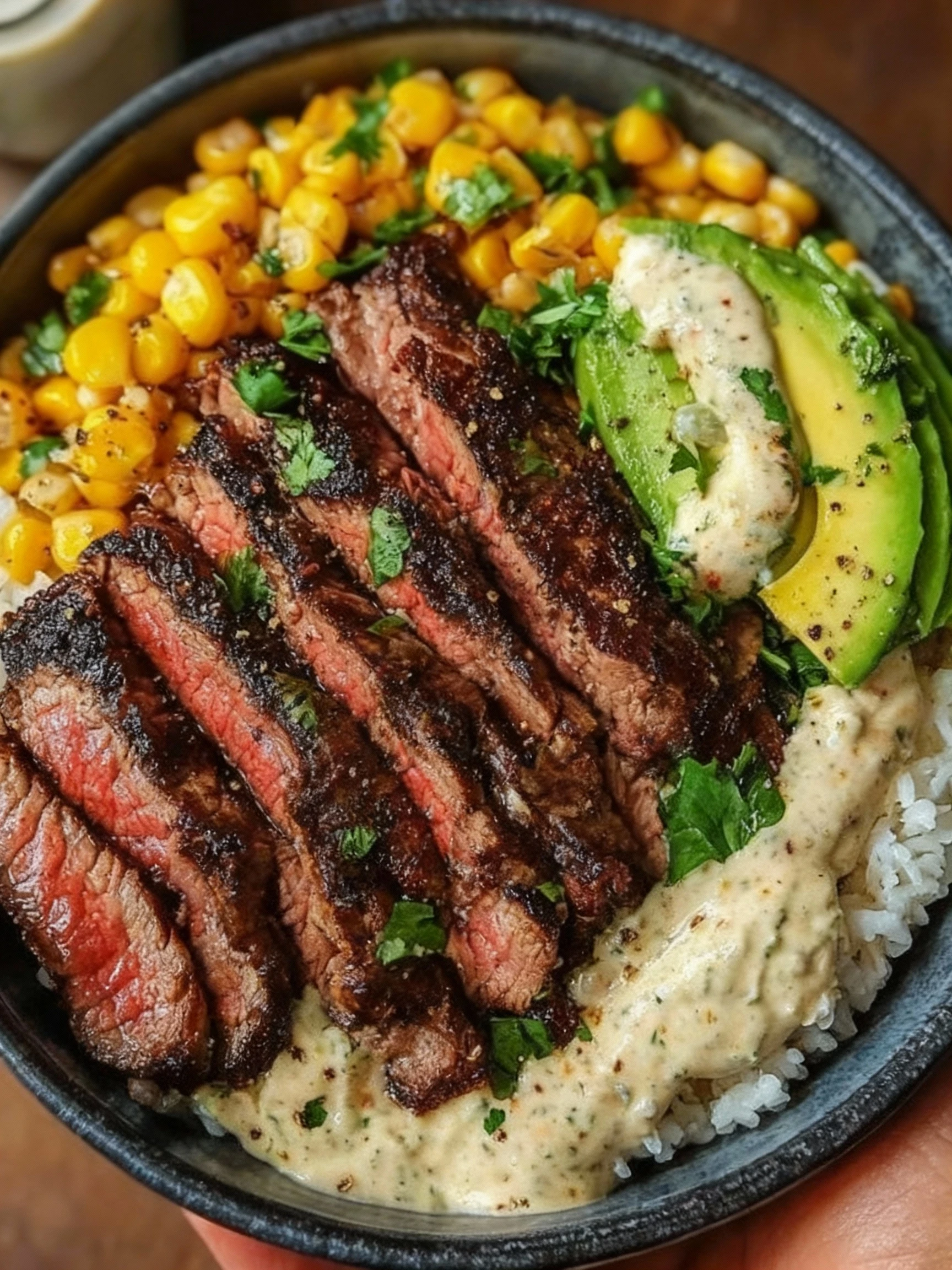 Steak, Avocado, and Roasted Corn Bowl with Cilantro Cream Sauce finished