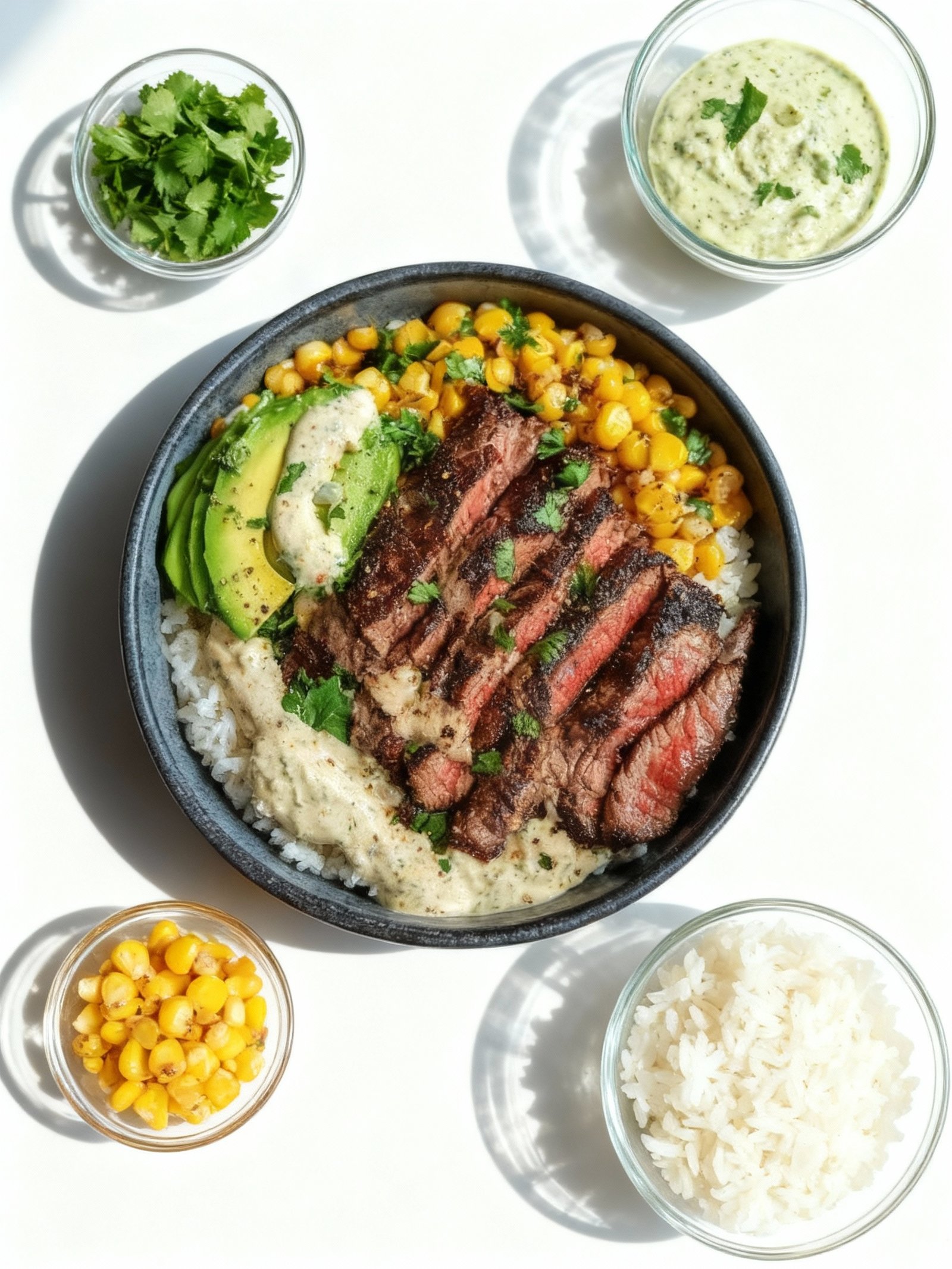 Steak, Avocado, and Roasted Corn Bowl with Cilantro Cream Sauce ingredients