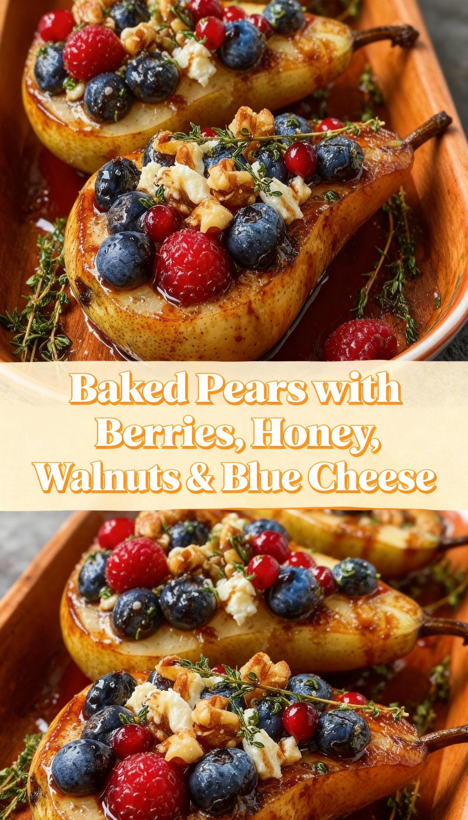Baked Pears with Berries, Honey, Walnuts & Blue Cheese finished
