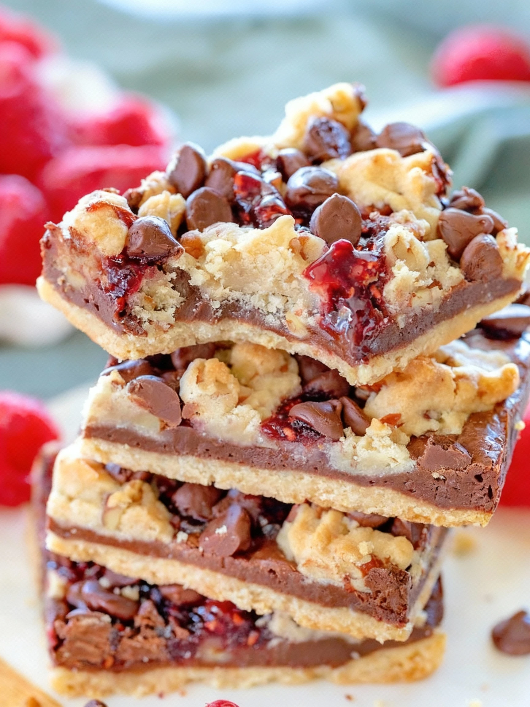 These Chocolate Raspberry Crumb Bars have buttery crumb layers, rich chocolate and bursts of raspberry finished