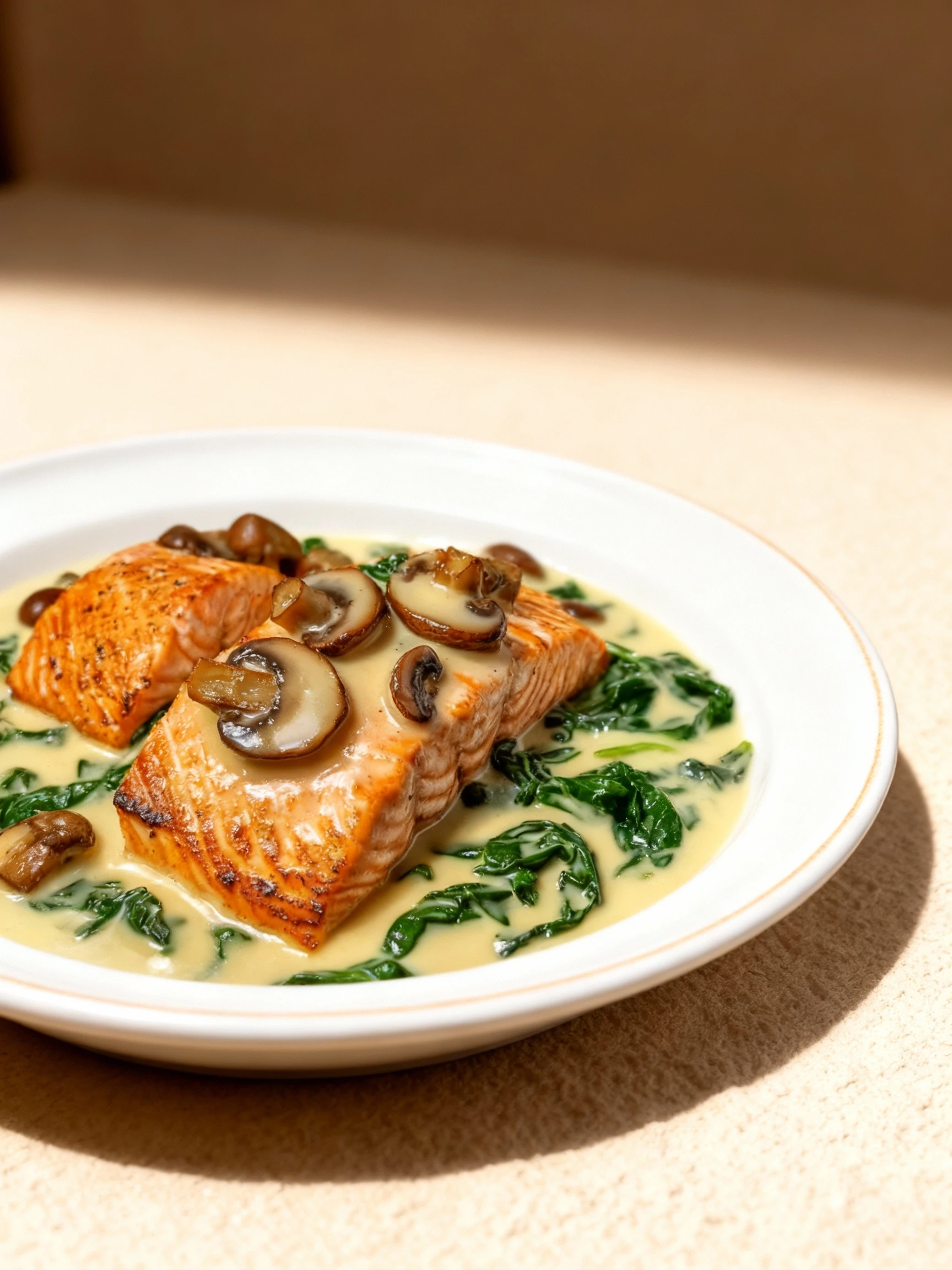 Garlic Butter Salmon with Spinach and Mushrooms in Creamy Sauce finished
