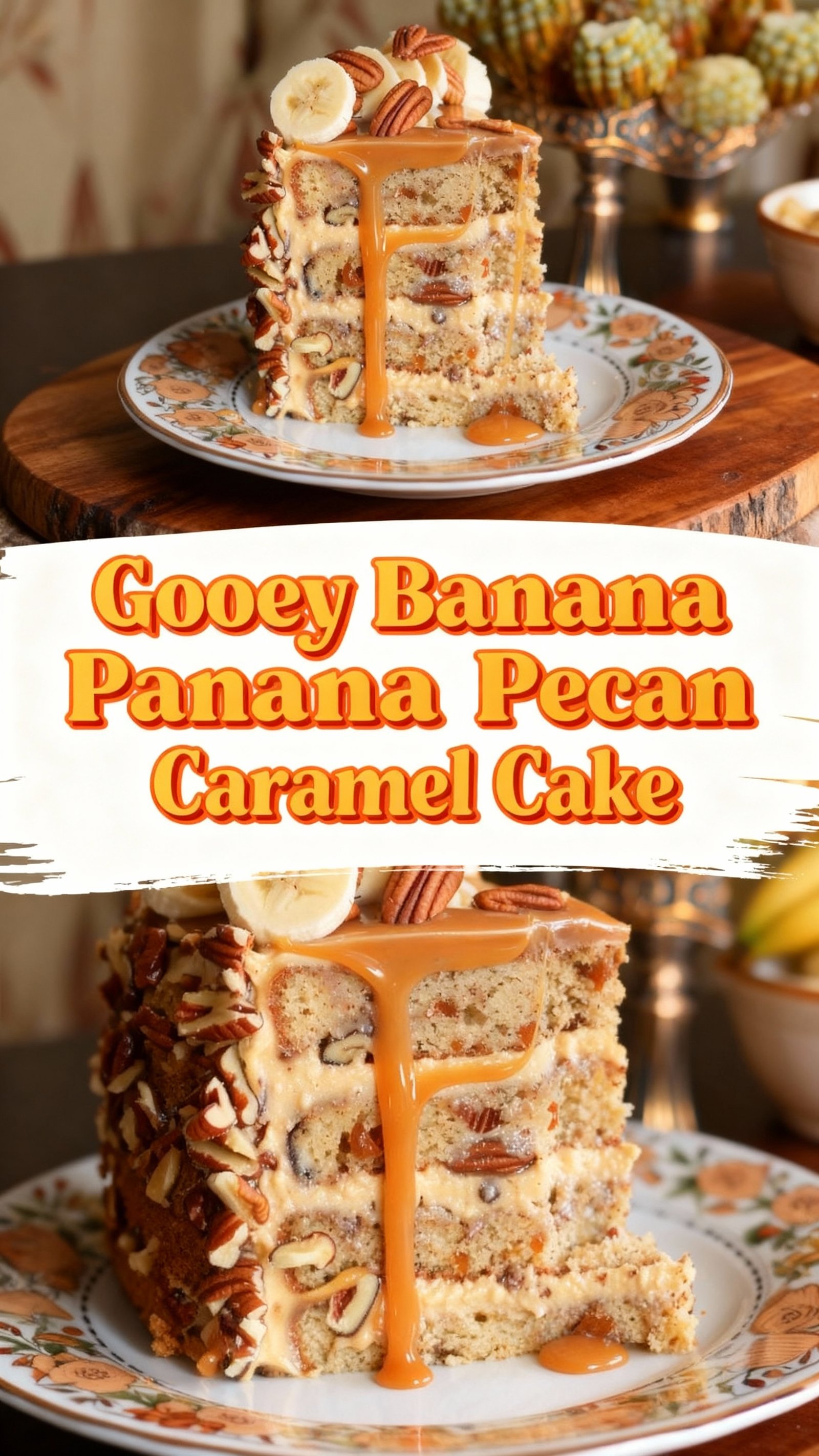 Gooey Banana Pecan Caramel Cake finished