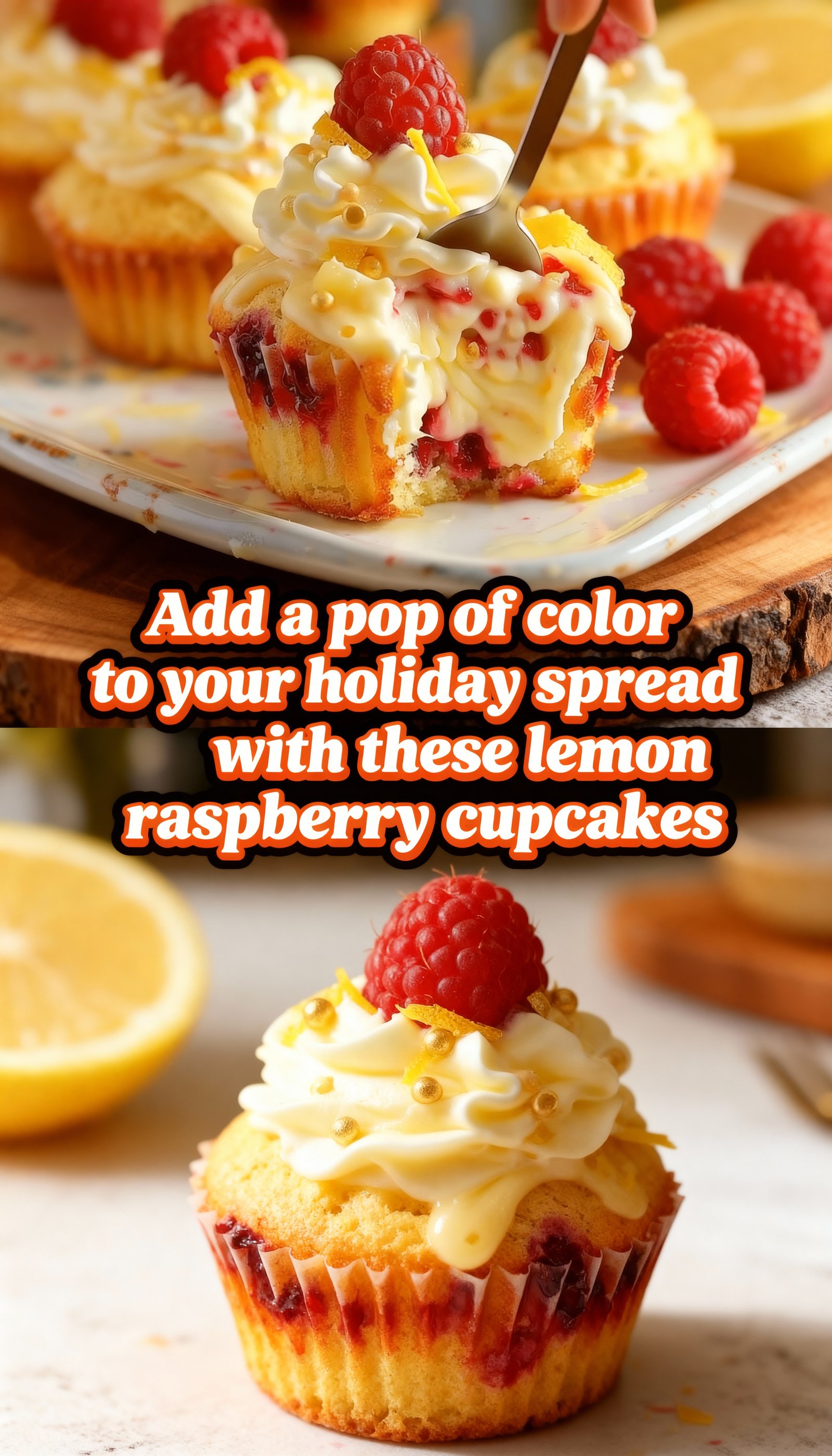 Add a pop of color to your holiday spread with these lemon raspberry cupcakes finished