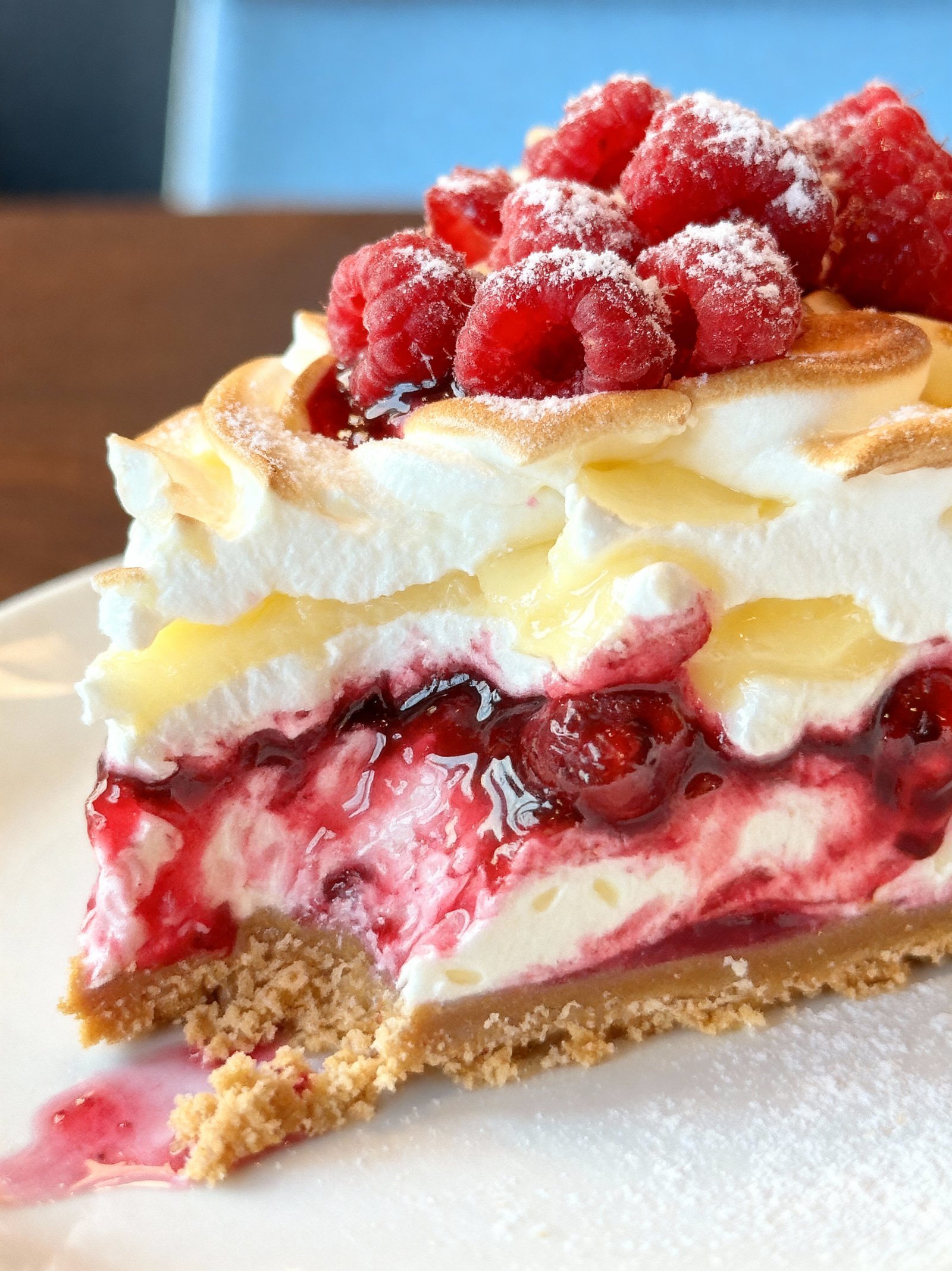 Lemon Raspberry Meringue Cheesecake finished