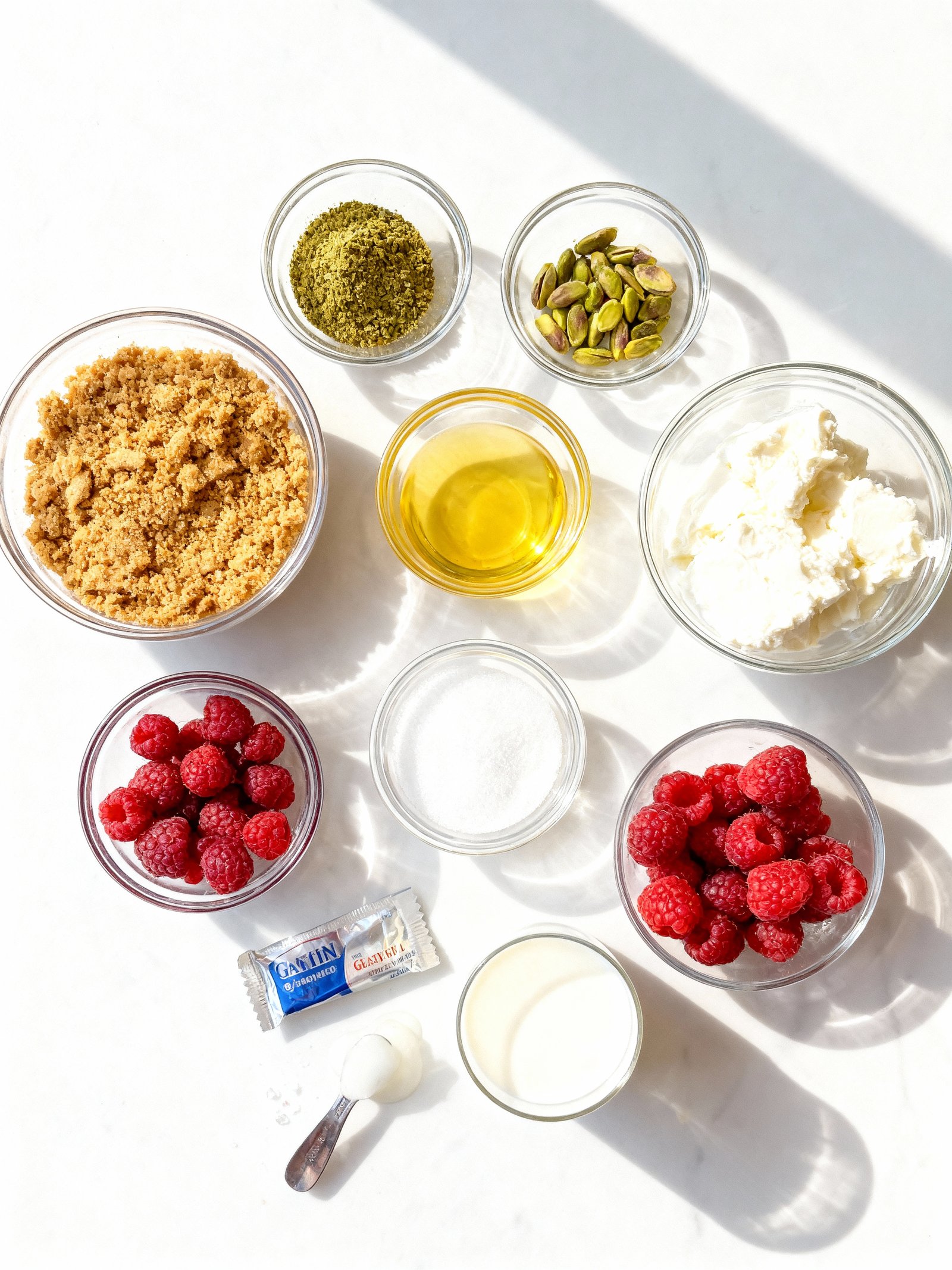 Raspberry Pistachio Cheesecake ingredients