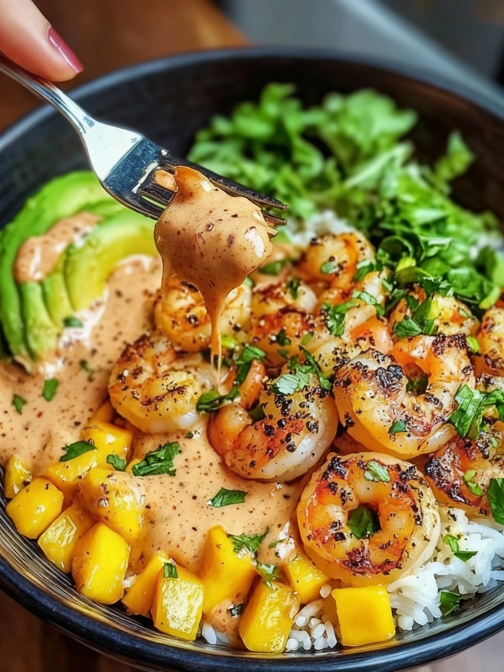 Shrimp and Avocado Bowls with Mango Salsa and Lime-Chili Sauce finished