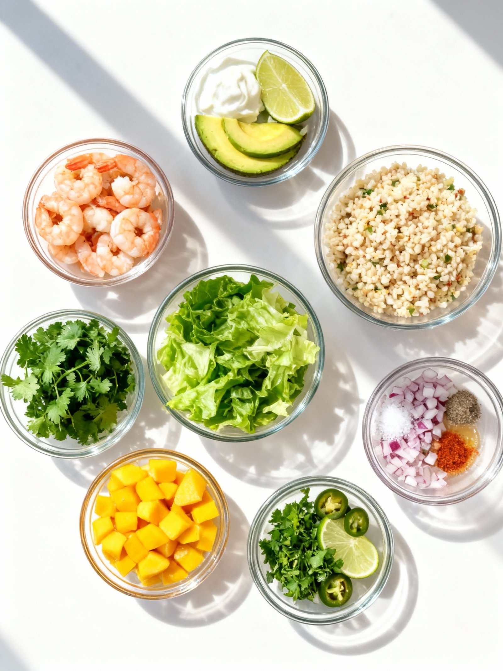 Shrimp and Avocado Bowls with Mango Salsa and Lime-Chili Sauce ingredients