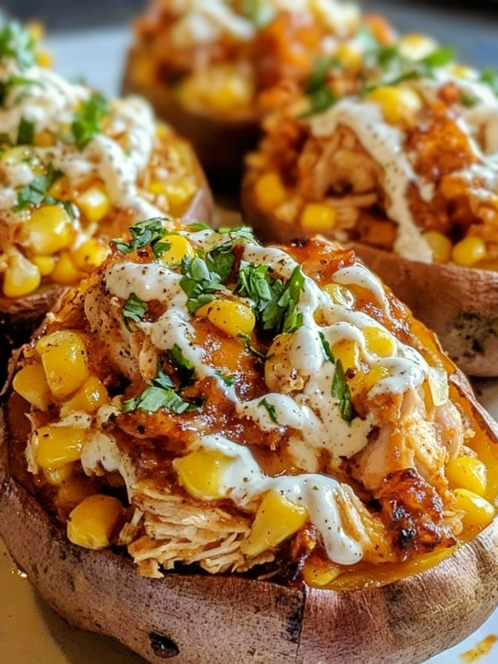 Street Corn Chicken Stuffed Sweet Potatoes with Hot Honey Lime finished