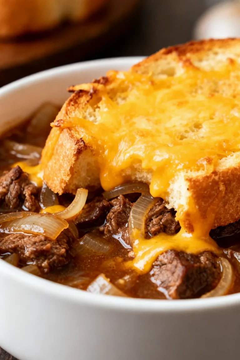 French Onion Beef Stew with Cheesy Bread Topping