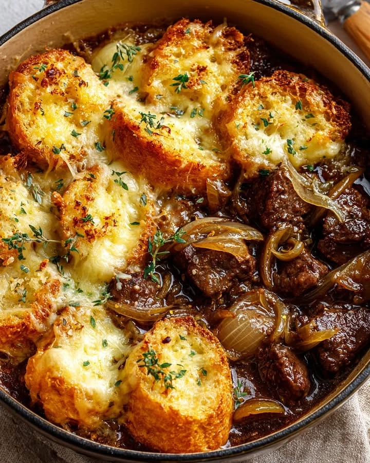 Tha best French Onion Beef Stew with Cheesy Bread Topping finished
