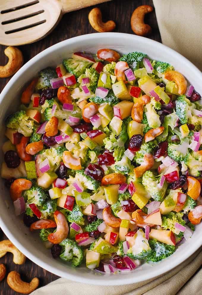 Broccoli Cashew Salad with Apples, Pears, Cranberries, and homemade Creamy Dressing ingredients
