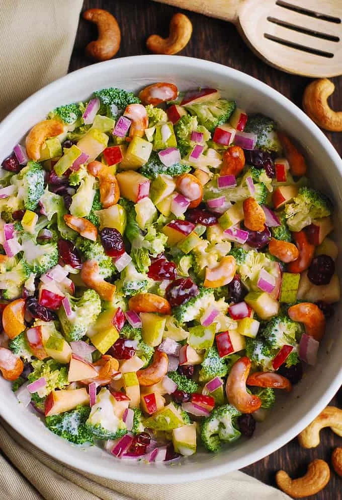 Broccoli Cashew Salad with Apples, Pears, Cranberries, and homemade Creamy Dressing finished