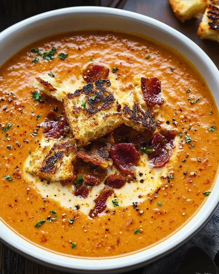 Creamy Tomato Bisque with Grilled Cheese Croutons finished