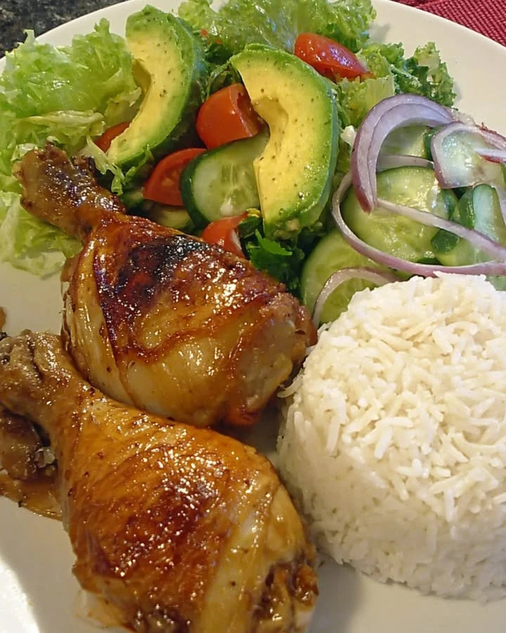 Honey Garlic Roast Chicken with Rice and Avocado Salad finished
