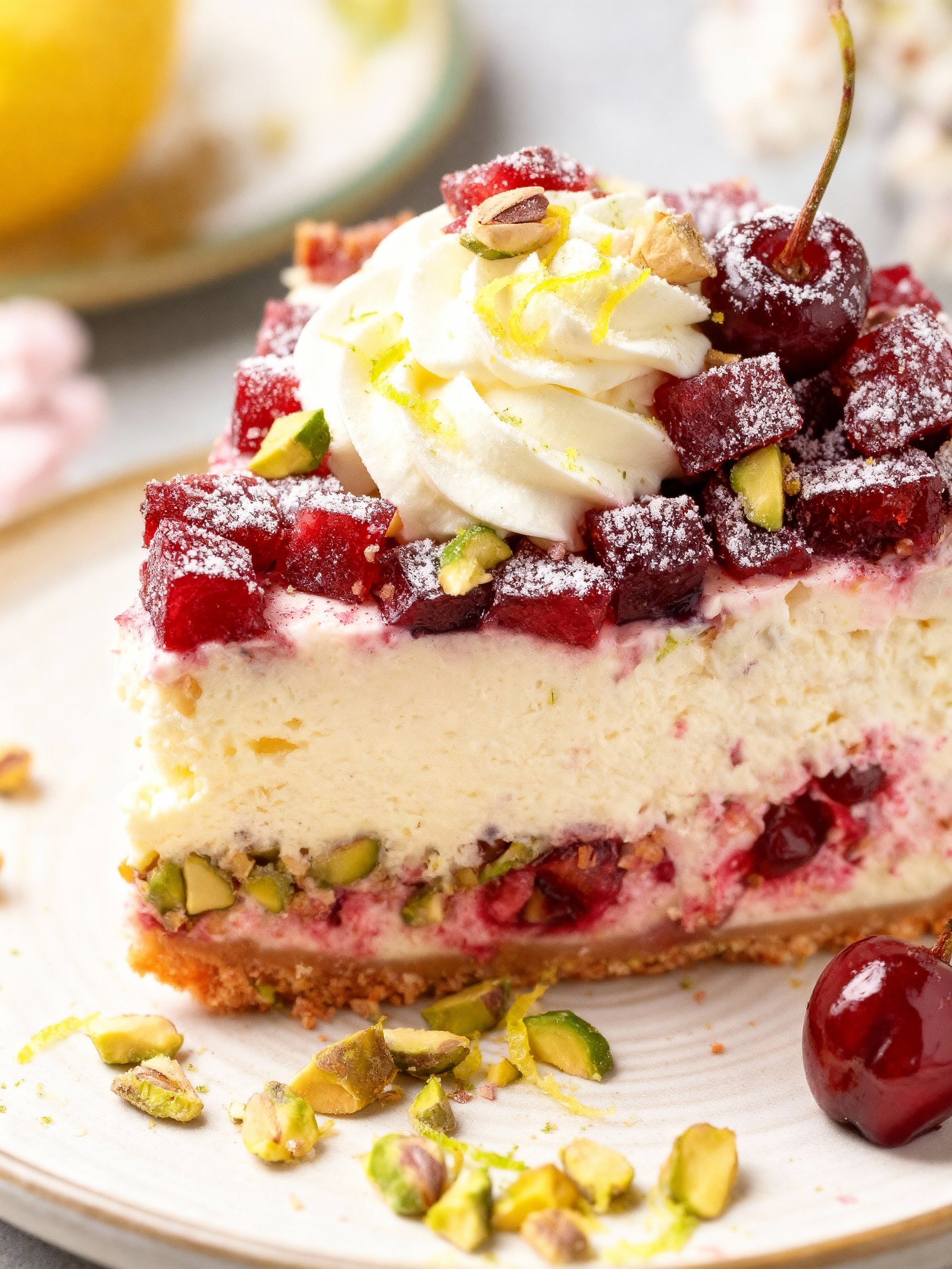 Lemon Lime Cherry Pistachio Cheesecake finished