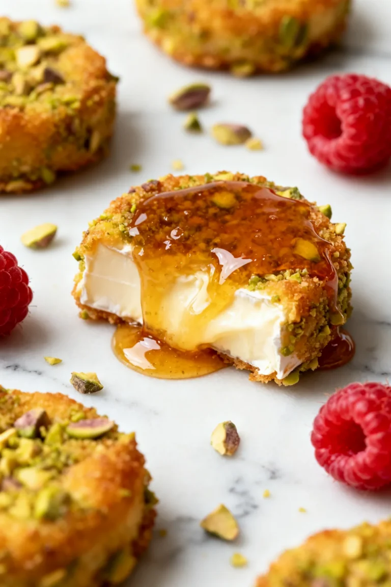 Pistachio Crusted Brie Bites with Raspberry Honey Glaze